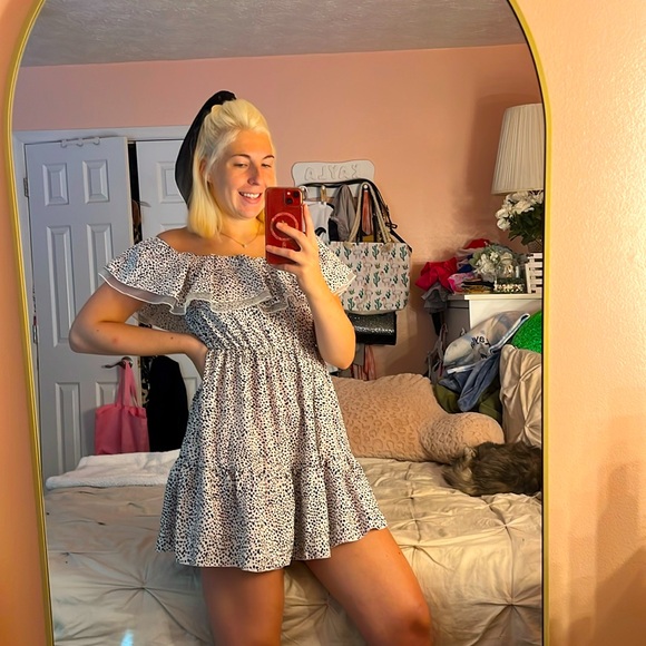 SHEIN Dresses & Skirts - SHEIN Spotted white/black ruffle off the shoulder mini dress